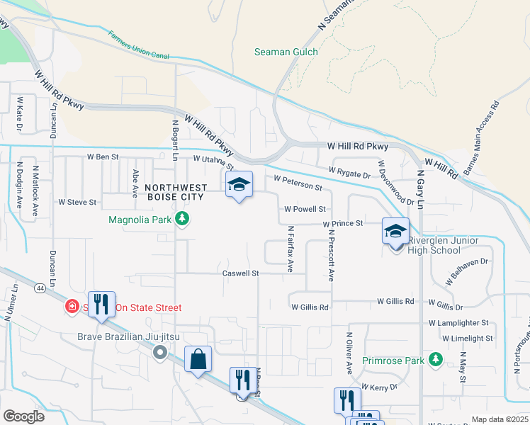 map of restaurants, bars, coffee shops, grocery stores, and more near 8301 West Sloan Street in Garden City