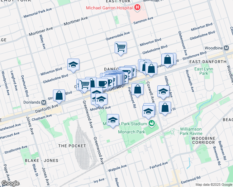 map of restaurants, bars, coffee shops, grocery stores, and more near 195 Gillard Avenue in Toronto