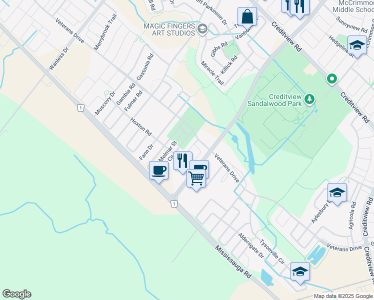 map of restaurants, bars, coffee shops, grocery stores, and more near 200 Veterans Drive in Brampton