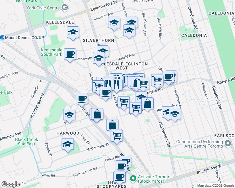 map of restaurants, bars, coffee shops, grocery stores, and more near 573 Rogers Road in Toronto