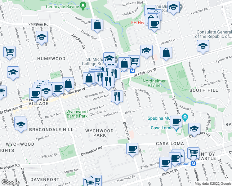 map of restaurants, bars, coffee shops, grocery stores, and more near 50 Melgund Road in Toronto