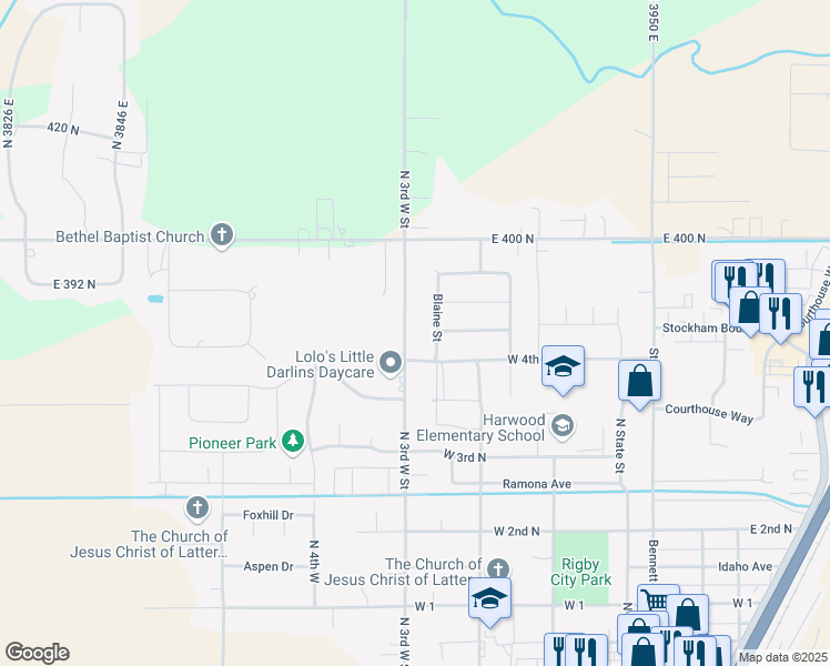 map of restaurants, bars, coffee shops, grocery stores, and more near 542 North 3rd West Street in Rigby