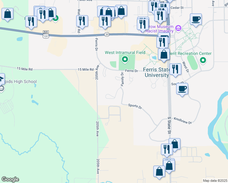 map of restaurants, bars, coffee shops, grocery stores, and more near 377 Finch Court in Big Rapids