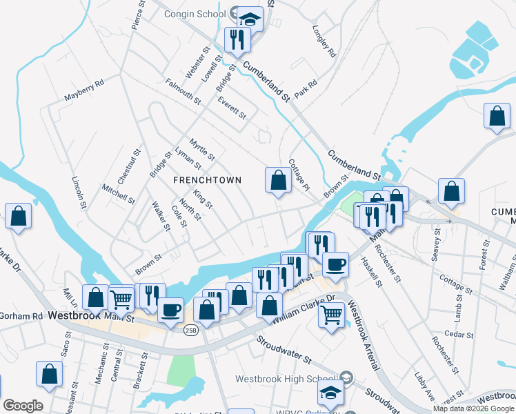 map of restaurants, bars, coffee shops, grocery stores, and more near 130 Brown Street in Westbrook