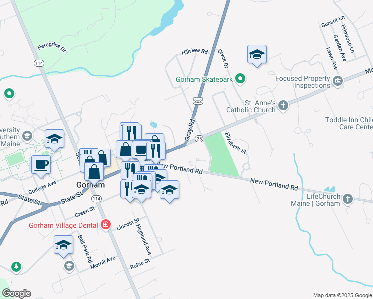 map of restaurants, bars, coffee shops, grocery stores, and more near 50 New Portland Road in Gorham