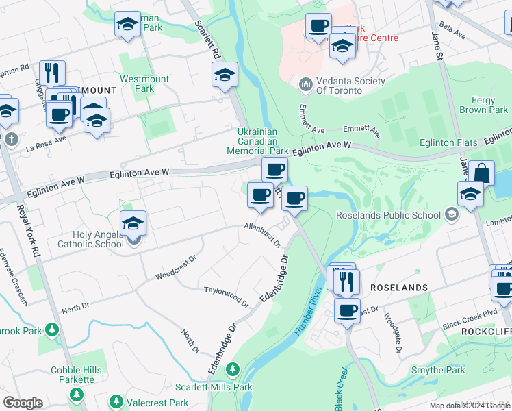 map of restaurants, bars, coffee shops, grocery stores, and more near in Toronto