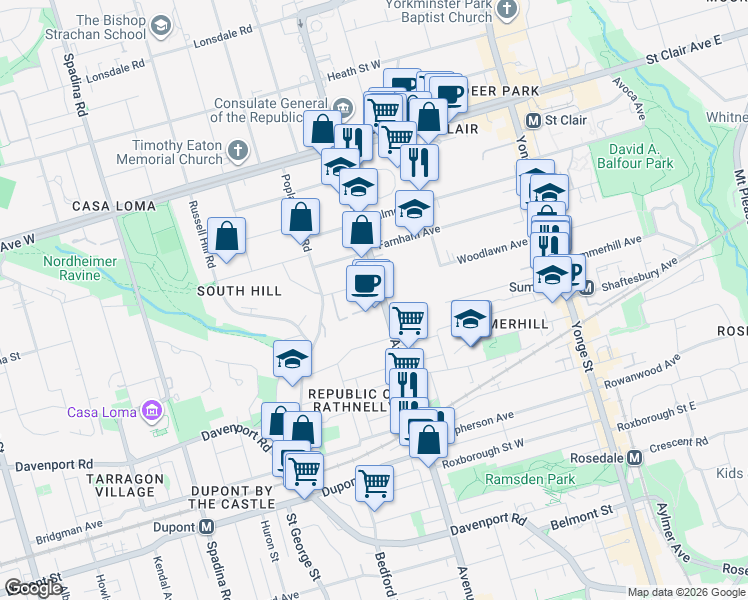 map of restaurants, bars, coffee shops, grocery stores, and more near 394 Avenue Road in Toronto