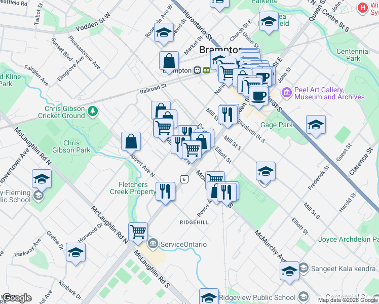 map of restaurants, bars, coffee shops, grocery stores, and more near 5 McMurchy Avenue North in Brampton