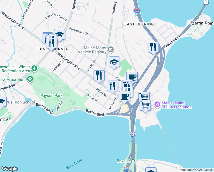 map of restaurants, bars, coffee shops, grocery stores, and more near 583 Washington Avenue in Portland