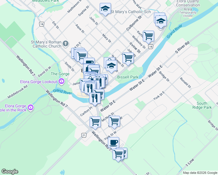 map of restaurants, bars, coffee shops, grocery stores, and more near 14 Princess Street in Elora