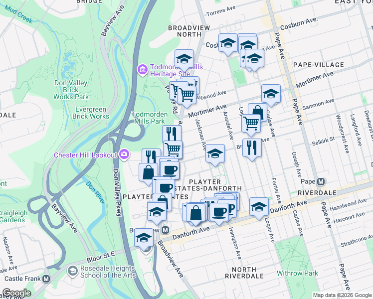 map of restaurants, bars, coffee shops, grocery stores, and more near 17 Fulton Avenue in Toronto