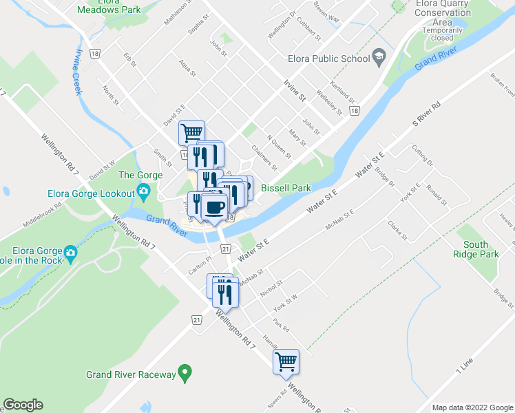 map of restaurants, bars, coffee shops, grocery stores, and more near 14 Princess Street in Elora