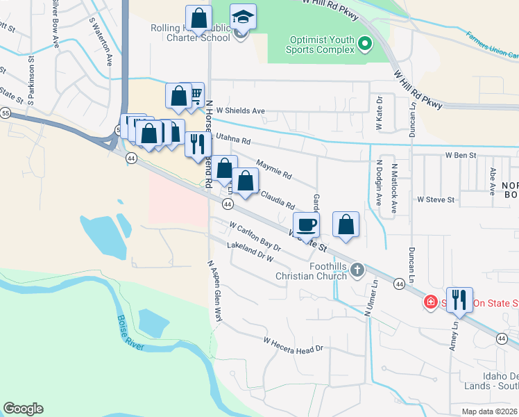 map of restaurants, bars, coffee shops, grocery stores, and more near 10406 West Carlton Bay Drive in Garden City