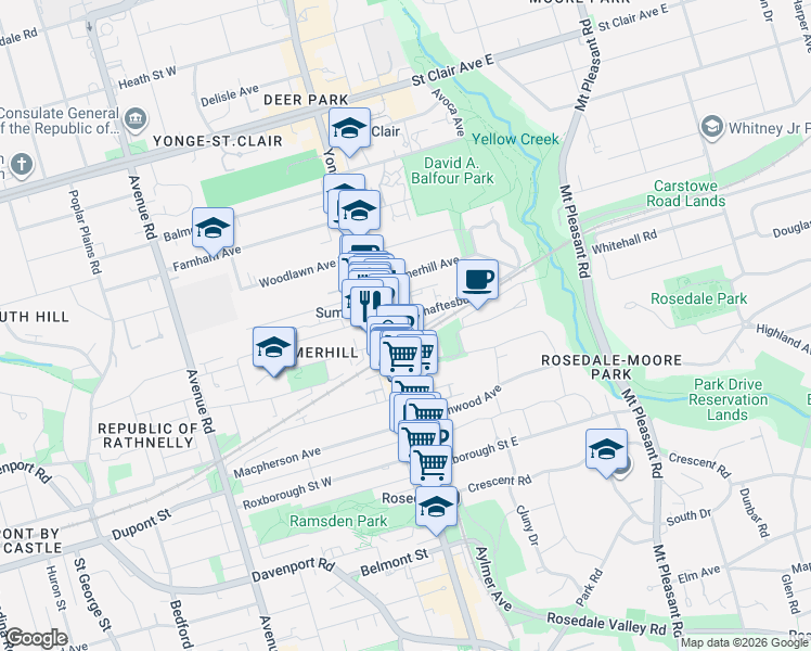 map of restaurants, bars, coffee shops, grocery stores, and more near 21 Shaftesbury Avenue in Toronto