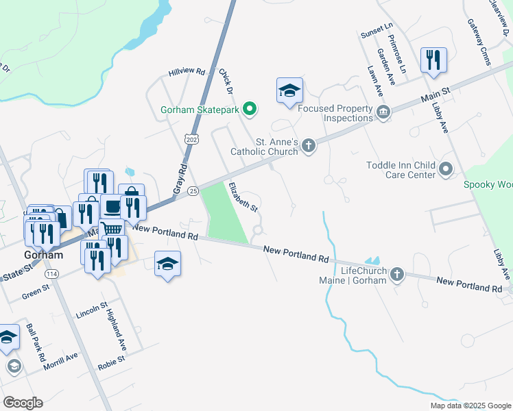 map of restaurants, bars, coffee shops, grocery stores, and more near 33 Tink Drive in Gorham