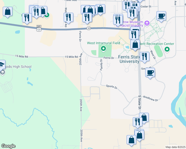 map of restaurants, bars, coffee shops, grocery stores, and more near 373 Finch Court in Big Rapids
