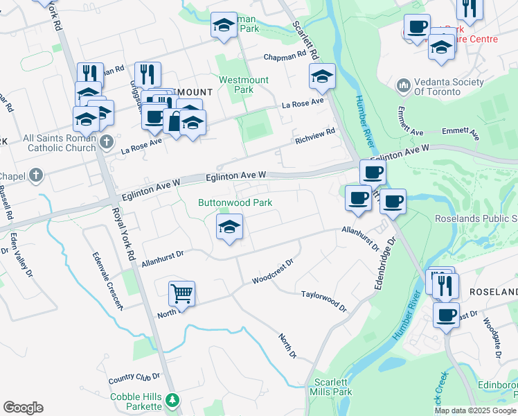 map of restaurants, bars, coffee shops, grocery stores, and more near 30 Gatewood Crescent in Toronto