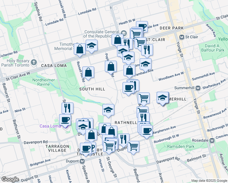 map of restaurants, bars, coffee shops, grocery stores, and more near 1 Clarendon Crescent in Toronto