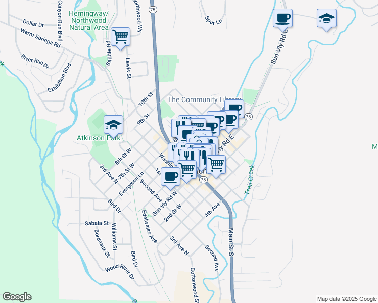 map of restaurants, bars, coffee shops, grocery stores, and more near 380 Main Street South in Ketchum