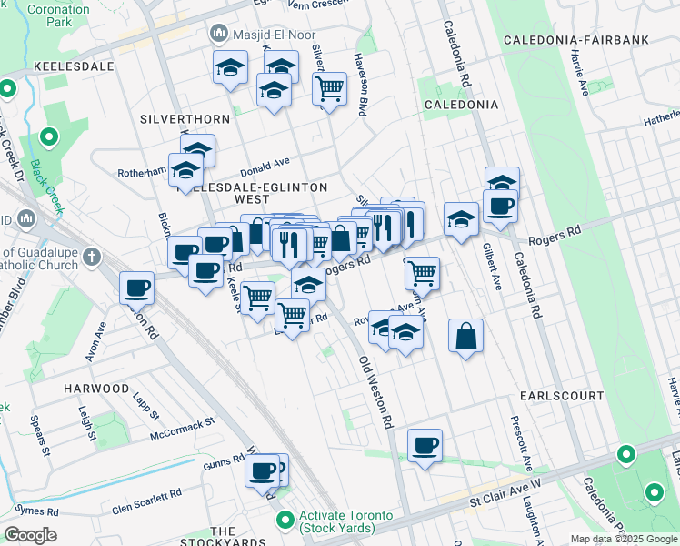 map of restaurants, bars, coffee shops, grocery stores, and more near 35 Kane Avenue in Toronto