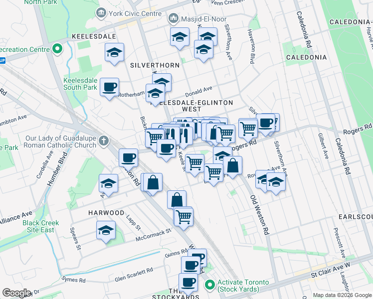map of restaurants, bars, coffee shops, grocery stores, and more near in Toronto