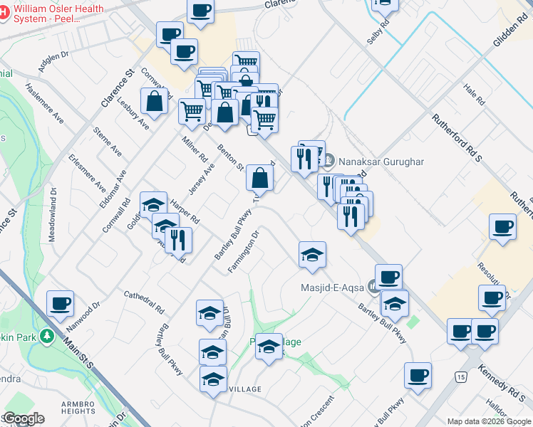 map of restaurants, bars, coffee shops, grocery stores, and more near 263 Bartley Bull Parkway in Brampton