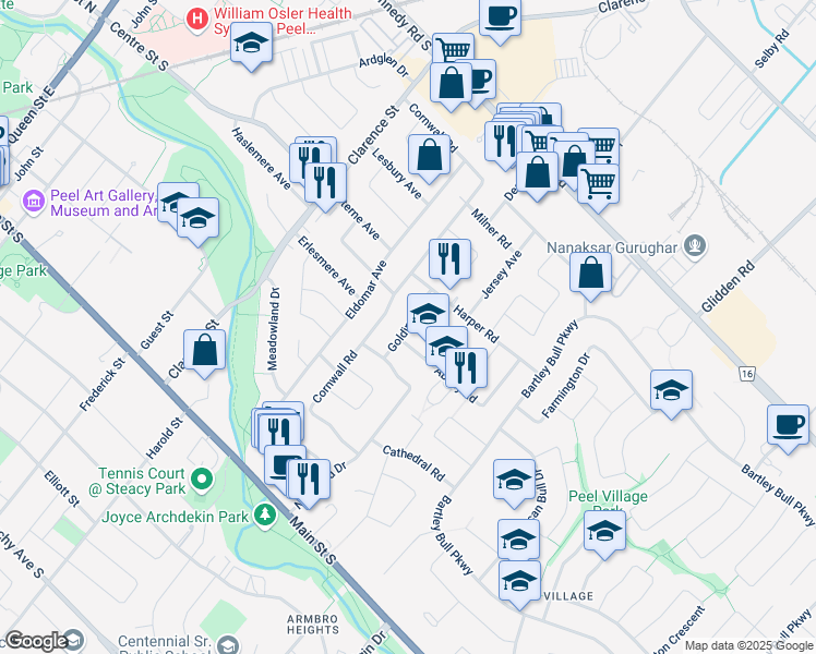 map of restaurants, bars, coffee shops, grocery stores, and more near Golding Avenue in Brampton