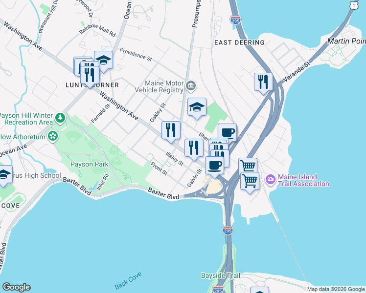 map of restaurants, bars, coffee shops, grocery stores, and more near 572 Maine 26 in Portland