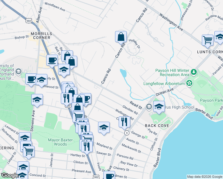 map of restaurants, bars, coffee shops, grocery stores, and more near 102 Read Street in Portland