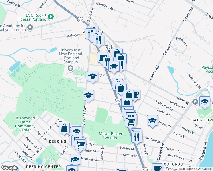 map of restaurants, bars, coffee shops, grocery stores, and more near 32 Tremaine Street in Portland