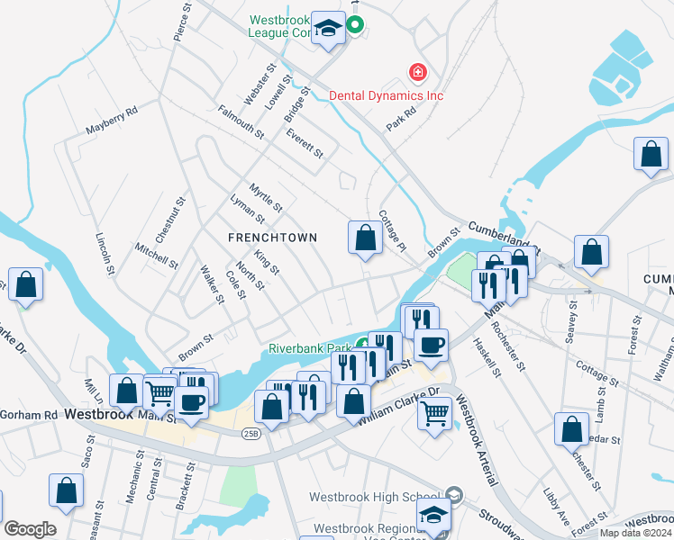 map of restaurants, bars, coffee shops, grocery stores, and more near 165 Brown Street in Westbrook