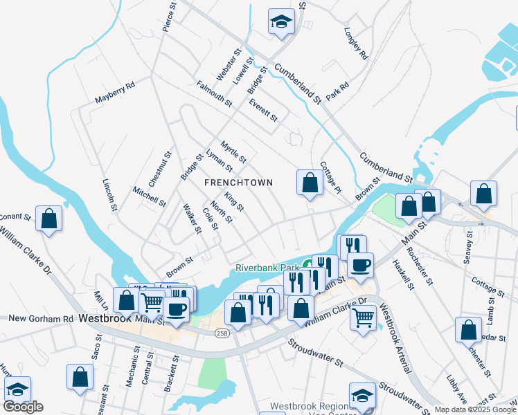map of restaurants, bars, coffee shops, grocery stores, and more near 67 King Street in Westbrook