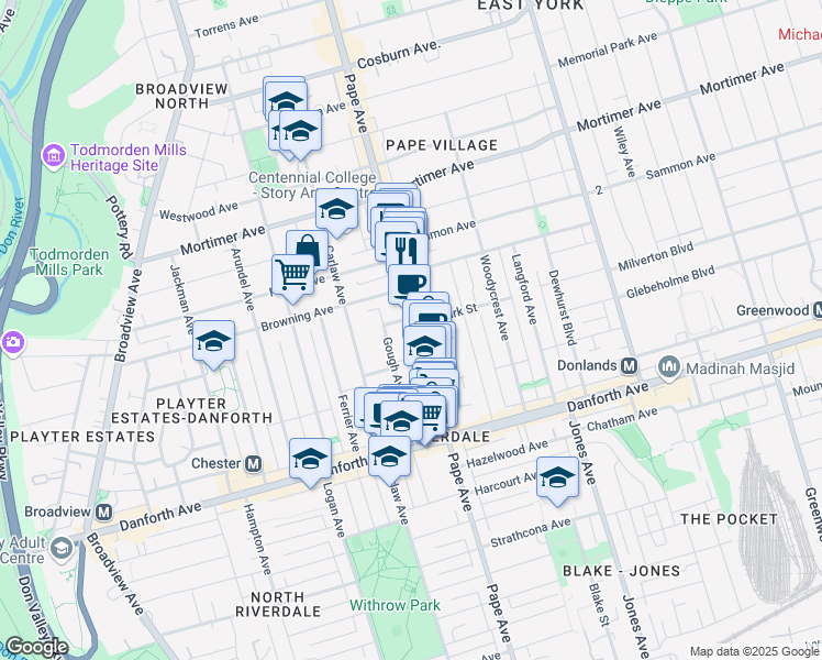 map of restaurants, bars, coffee shops, grocery stores, and more near in Toronto