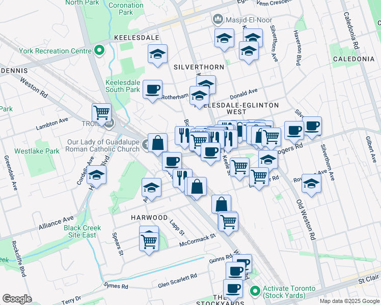 map of restaurants, bars, coffee shops, grocery stores, and more near in Toronto