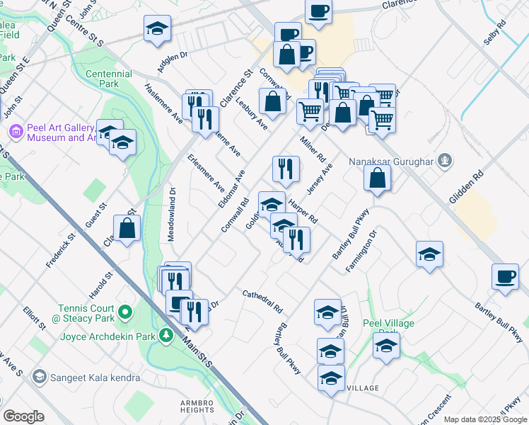 map of restaurants, bars, coffee shops, grocery stores, and more near in Brampton