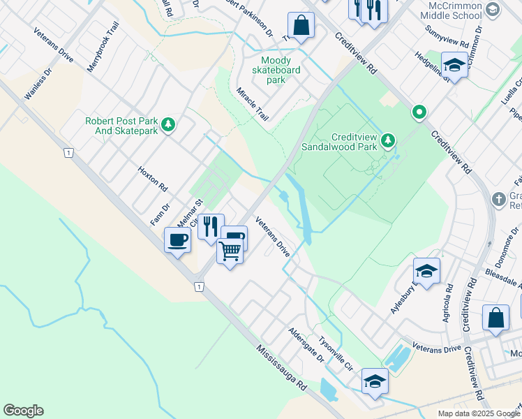 map of restaurants, bars, coffee shops, grocery stores, and more near in Brampton