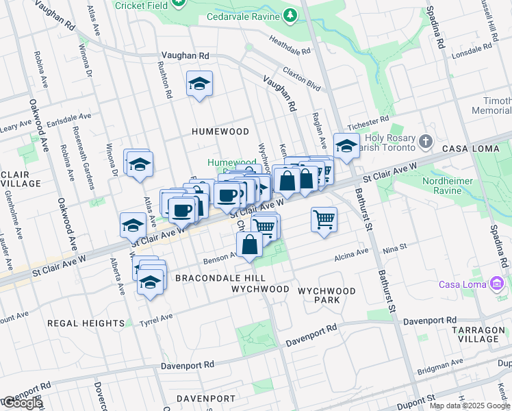 map of restaurants, bars, coffee shops, grocery stores, and more near St Clair Ave W & Pinewood Ave in Toronto