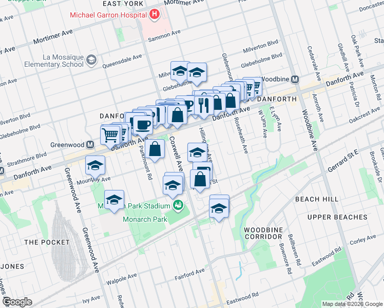 map of restaurants, bars, coffee shops, grocery stores, and more near 31 Woodrow Avenue in Toronto