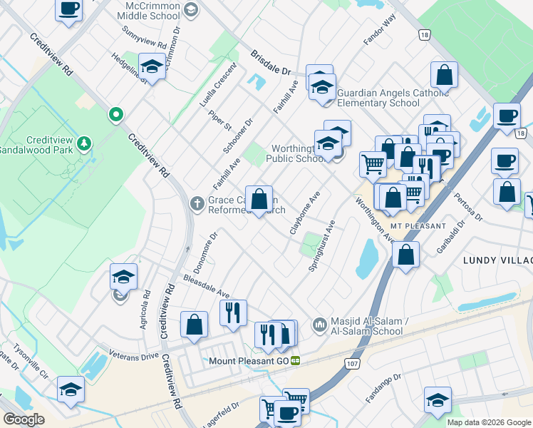 map of restaurants, bars, coffee shops, grocery stores, and more near 27 Leagate Street in Brampton