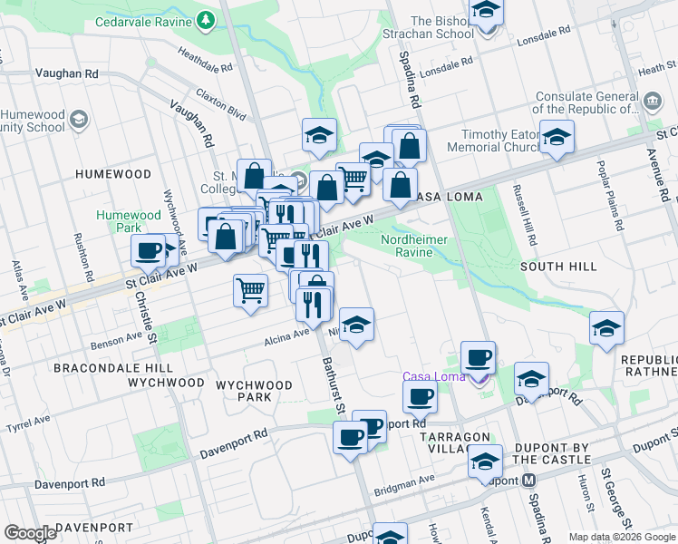 map of restaurants, bars, coffee shops, grocery stores, and more near in Toronto