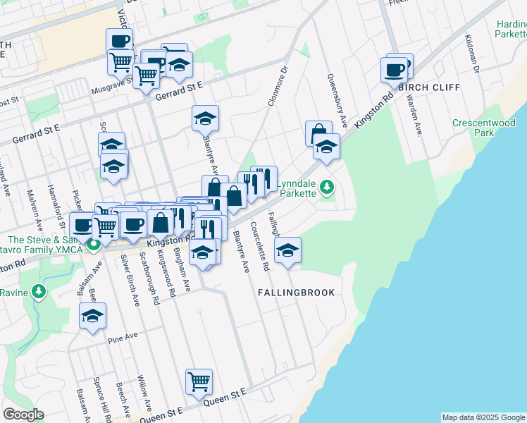 map of restaurants, bars, coffee shops, grocery stores, and more near 1165 Kingston Road in Toronto