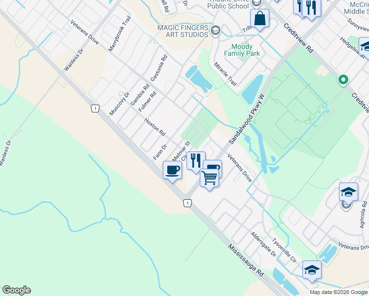 map of restaurants, bars, coffee shops, grocery stores, and more near 10675 Mississauga Road in Brampton
