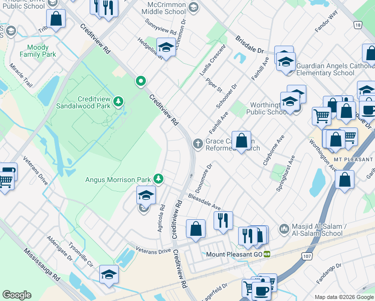 map of restaurants, bars, coffee shops, grocery stores, and more near 43 Baby Pointe Trail in Brampton