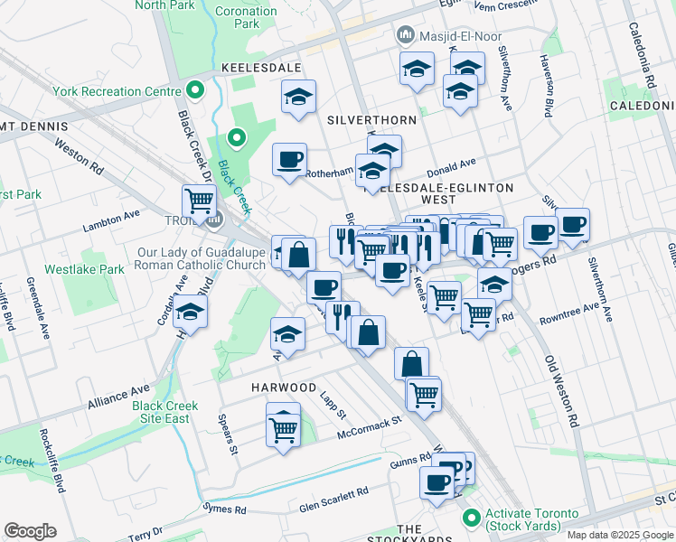 map of restaurants, bars, coffee shops, grocery stores, and more near in Toronto