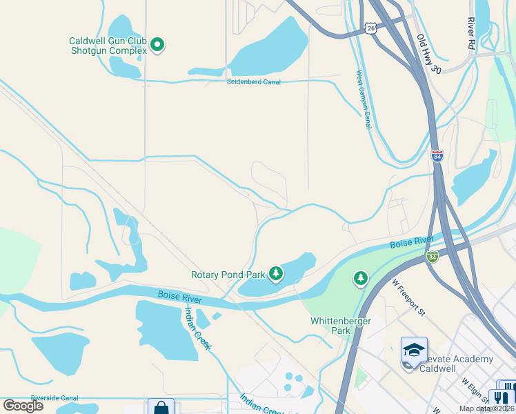 map of restaurants, bars, coffee shops, grocery stores, and more near 21486 Pond Lane in Caldwell