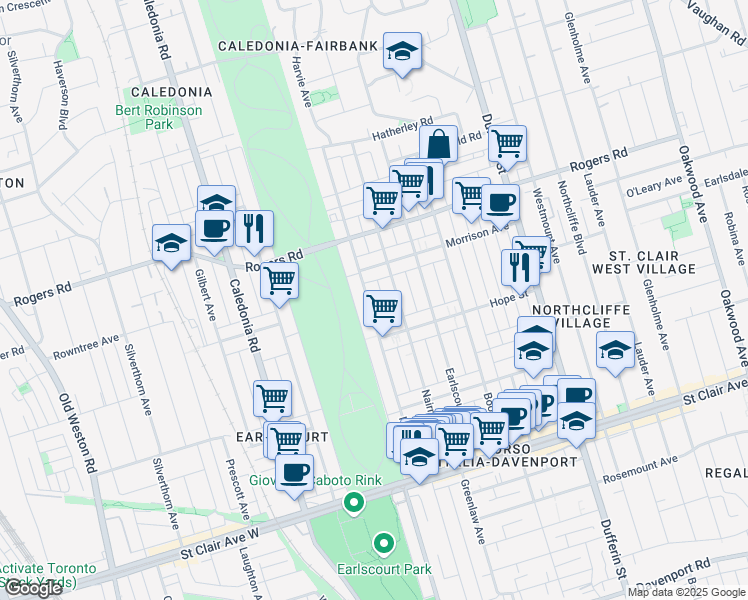 map of restaurants, bars, coffee shops, grocery stores, and more near 155 Harvie Avenue in Toronto