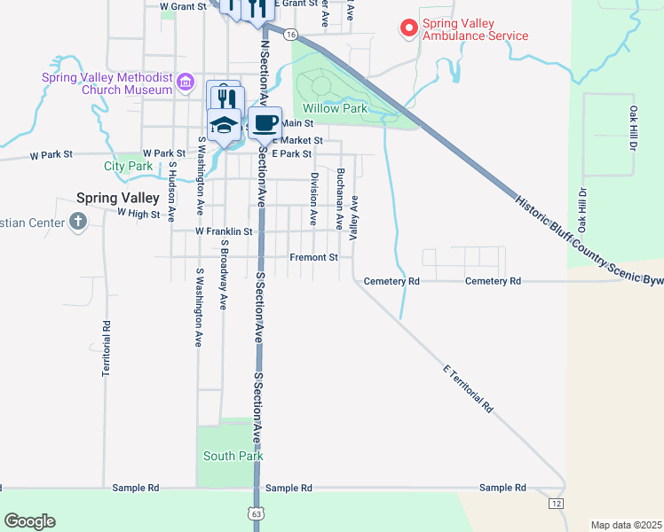 map of restaurants, bars, coffee shops, grocery stores, and more near 709 Division Avenue in Spring Valley