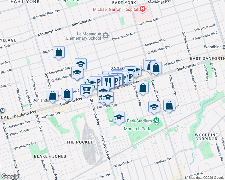 map of restaurants, bars, coffee shops, grocery stores, and more near 1331 Danforth Avenue in Toronto
