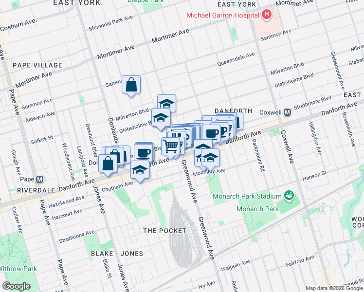 map of restaurants, bars, coffee shops, grocery stores, and more near 669 Greenwood Avenue in Toronto