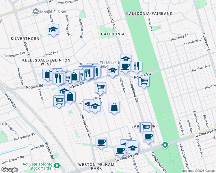 map of restaurants, bars, coffee shops, grocery stores, and more near 11 Helen Avenue in Toronto